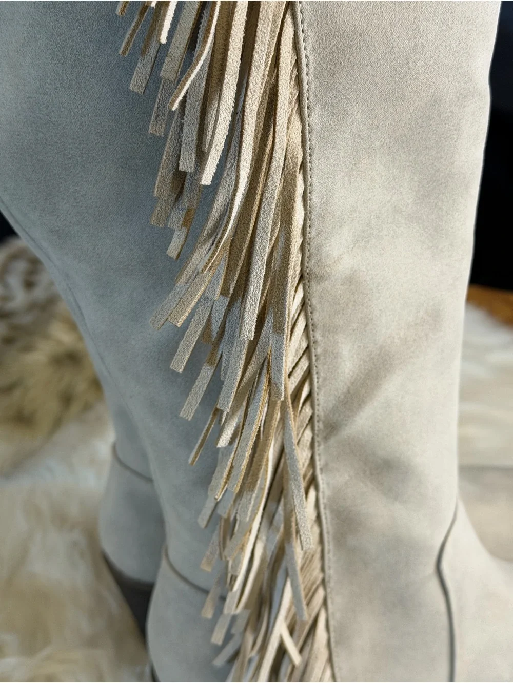 NEW!! Fringe Knee-High Western Boots in Light Beige